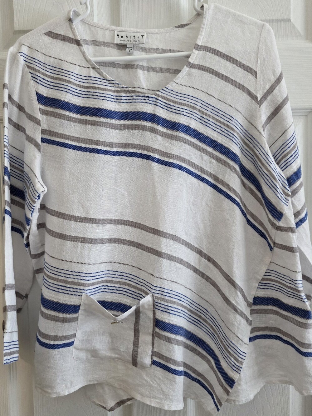 Habitat Small Top Linen Blue White Stripe Pocket 3/4 Sleeve Casual Beachy